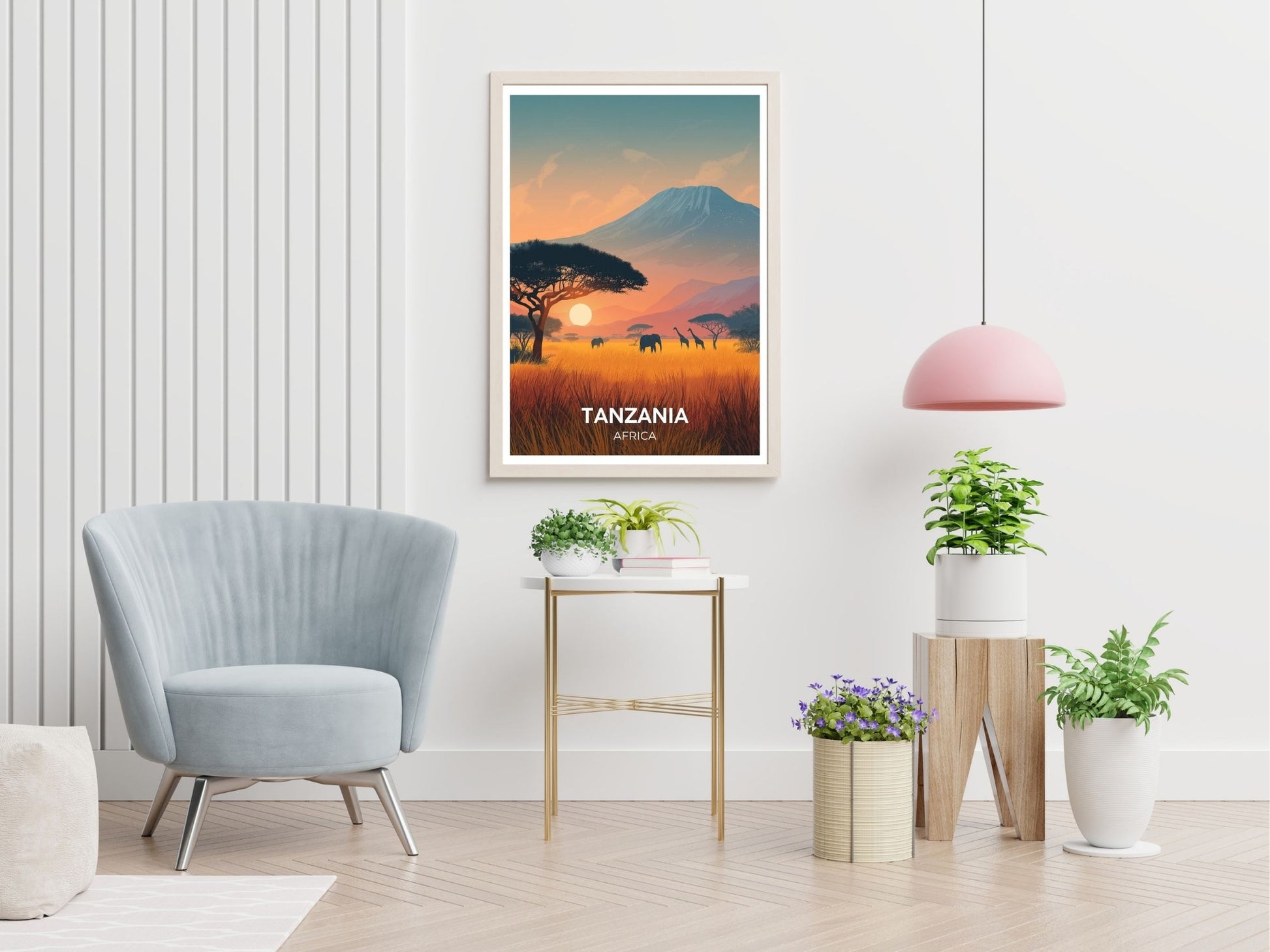 Tanzania Africa travel print displayed in living room – Atlas Prints