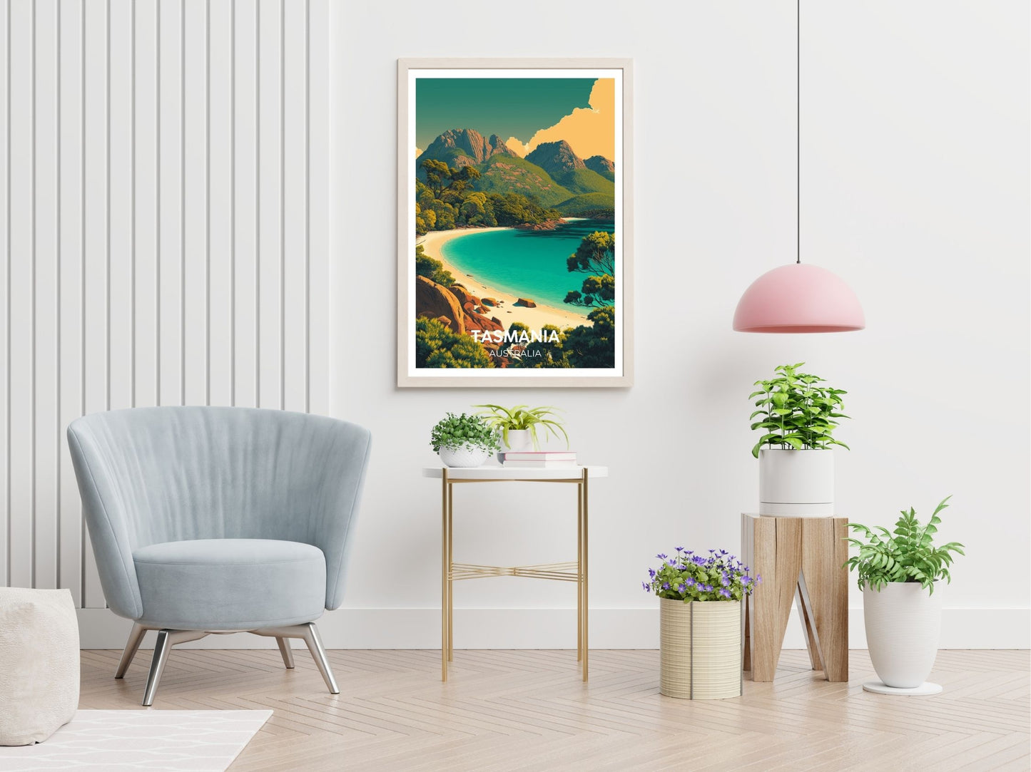 Tasmania Australia travel print displayed in living room – Atlas Prints