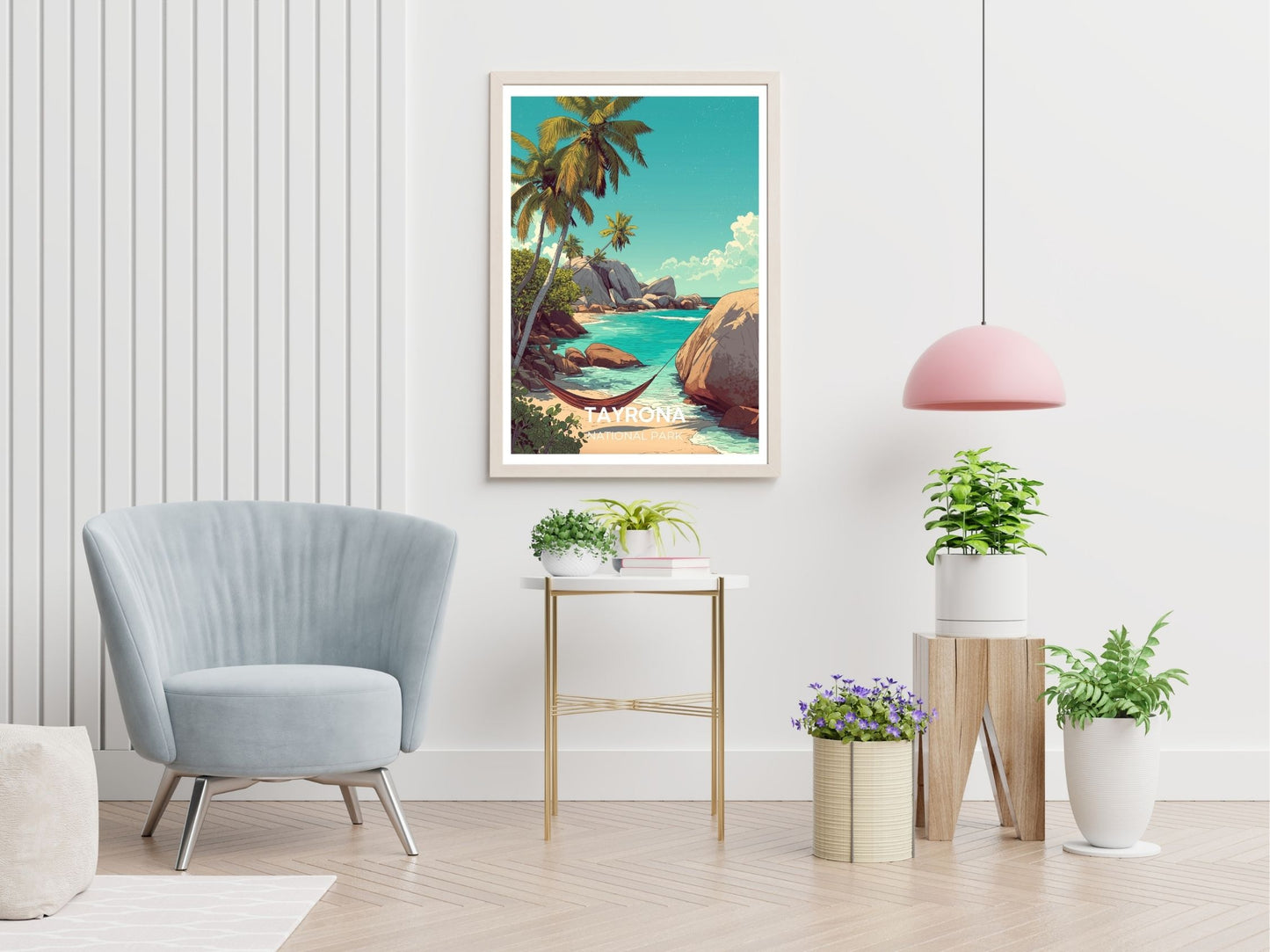 Tayrona National Park travel print displayed in living room – Atlas Prints