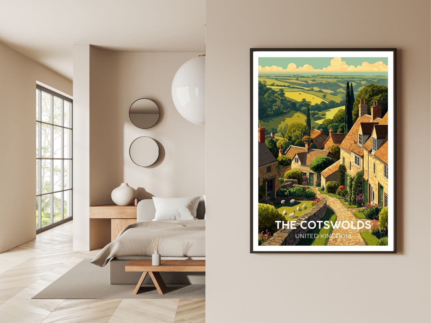 The Cotswolds United Kingdom wall art print displayed in bedroom – Atlas Prints