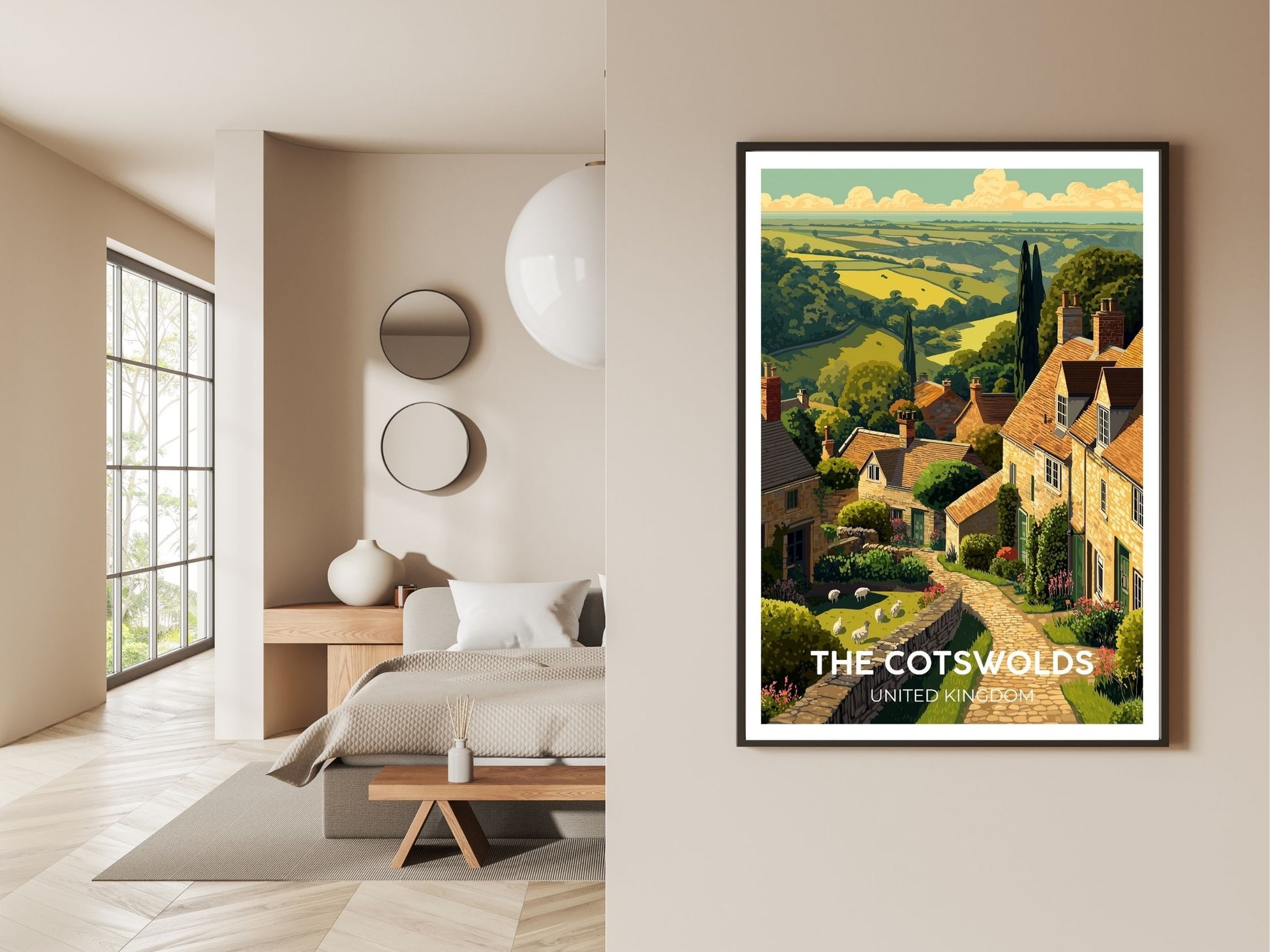 The Cotswolds United Kingdom wall art print displayed in bedroom – Atlas Prints