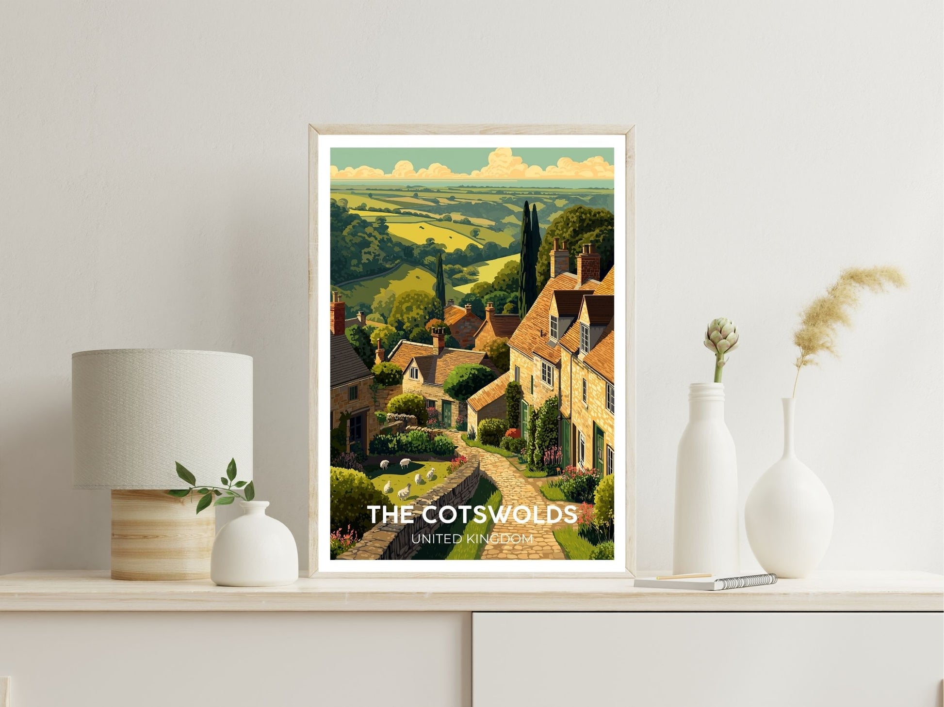 Gallery wall display of The Cotswolds United Kingdom travel poster – Atlas Prints