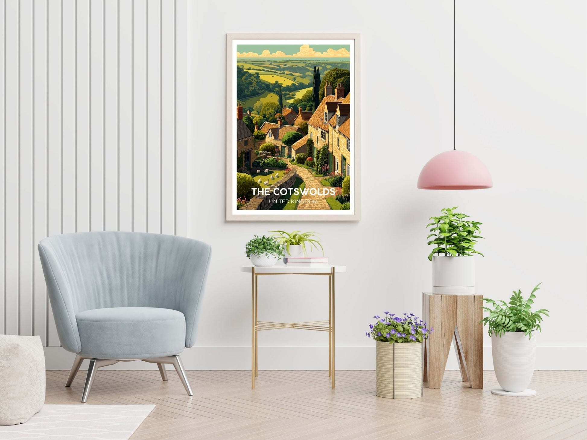 The Cotswolds United Kingdom travel print displayed in living room – Atlas Prints