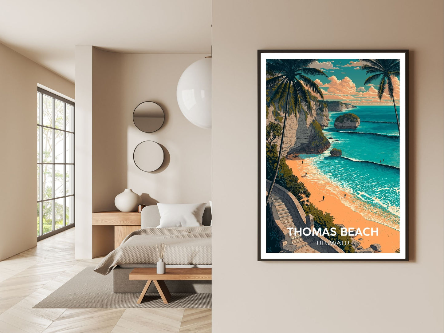 Gallery wall display of Thomas Beach Uluwatu travel poster – Atlas Prints