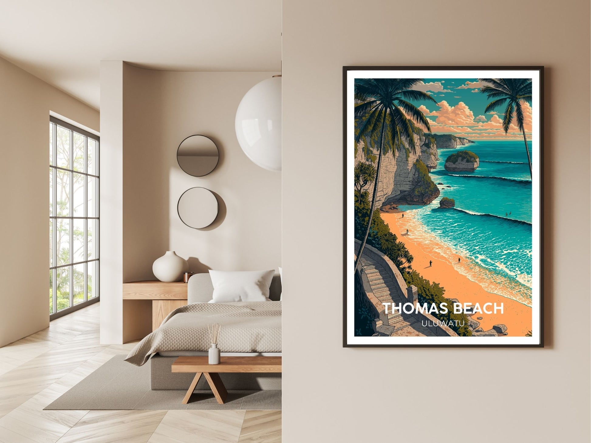 Gallery wall display of Thomas Beach Uluwatu travel poster – Atlas Prints