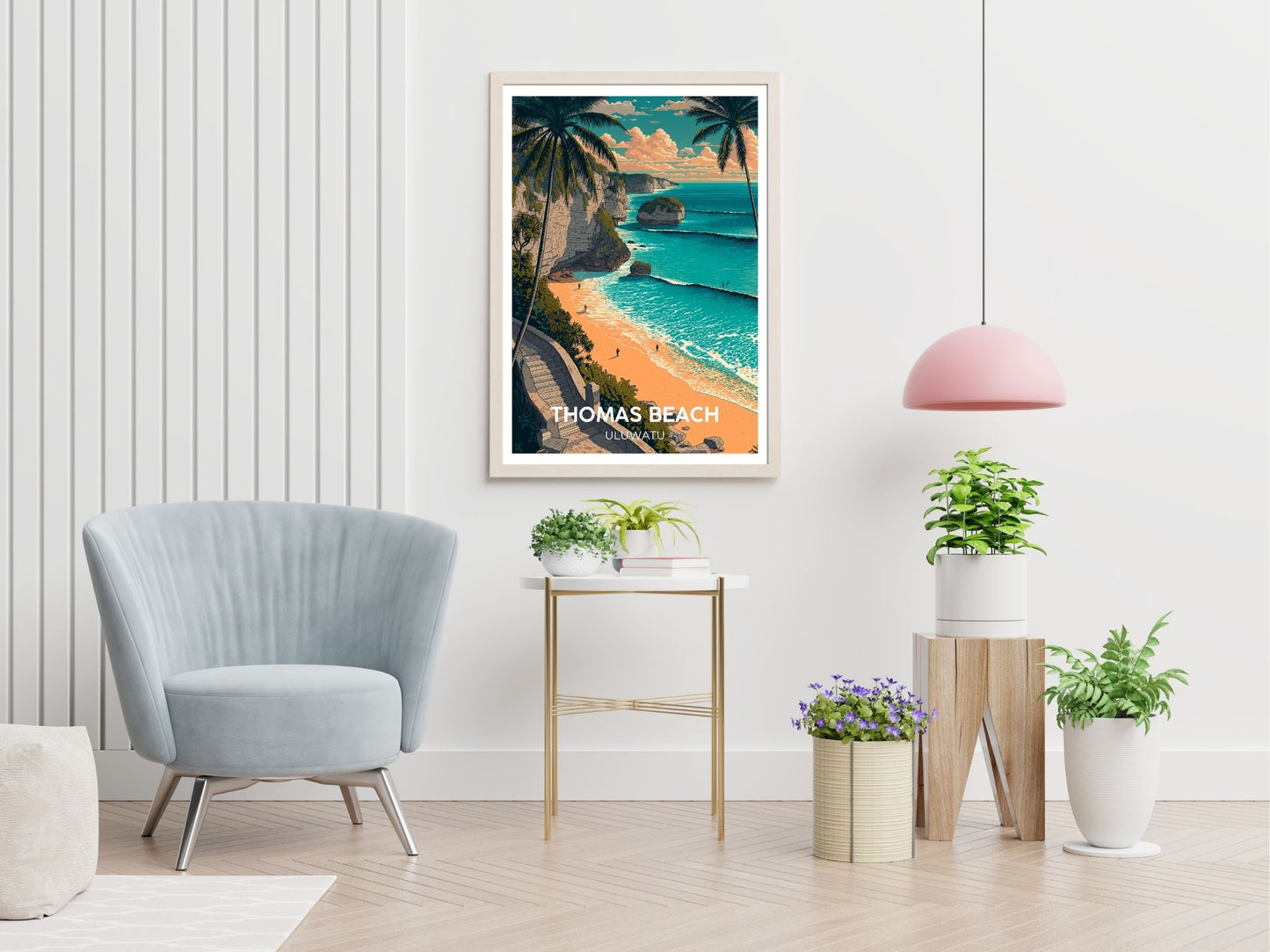 Thomas Beach Uluwatu travel print displayed in living room – Atlas Prints