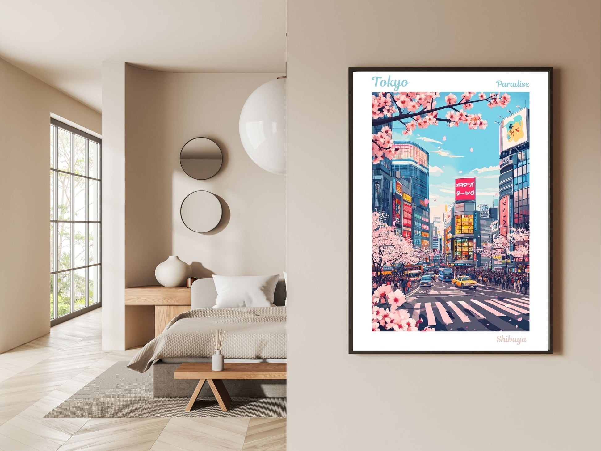 Gallery wall display of Tokyo Shibuya Crossing travel poster – Atlas Prints
