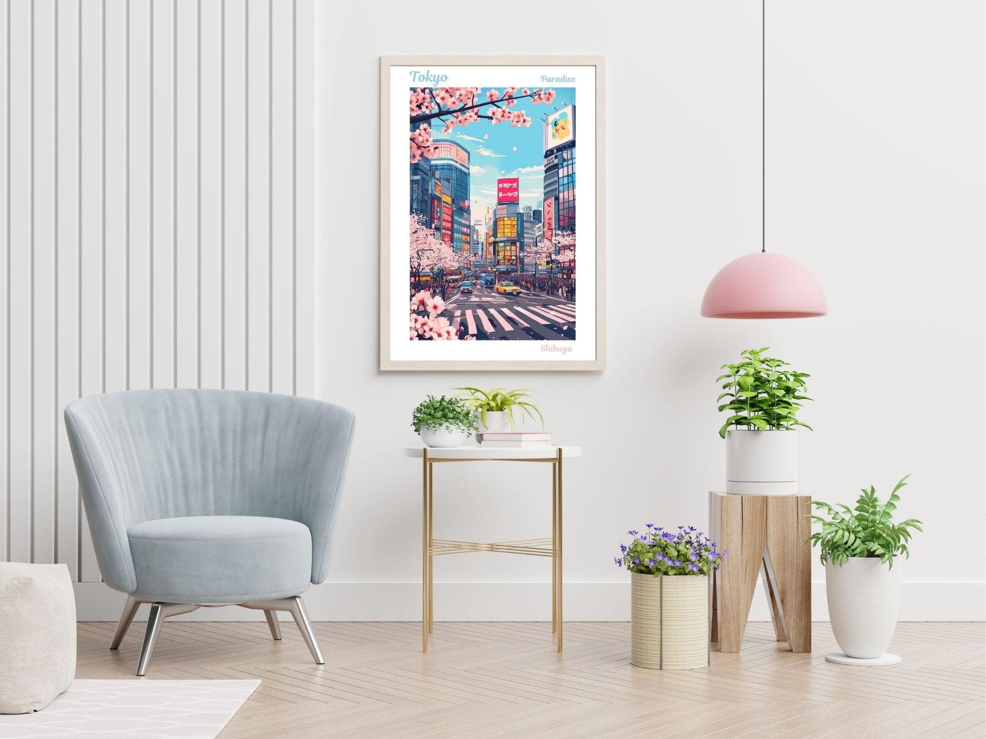 Tokyo Shibuya Crossing travel print displayed in living room – Atlas Prints
