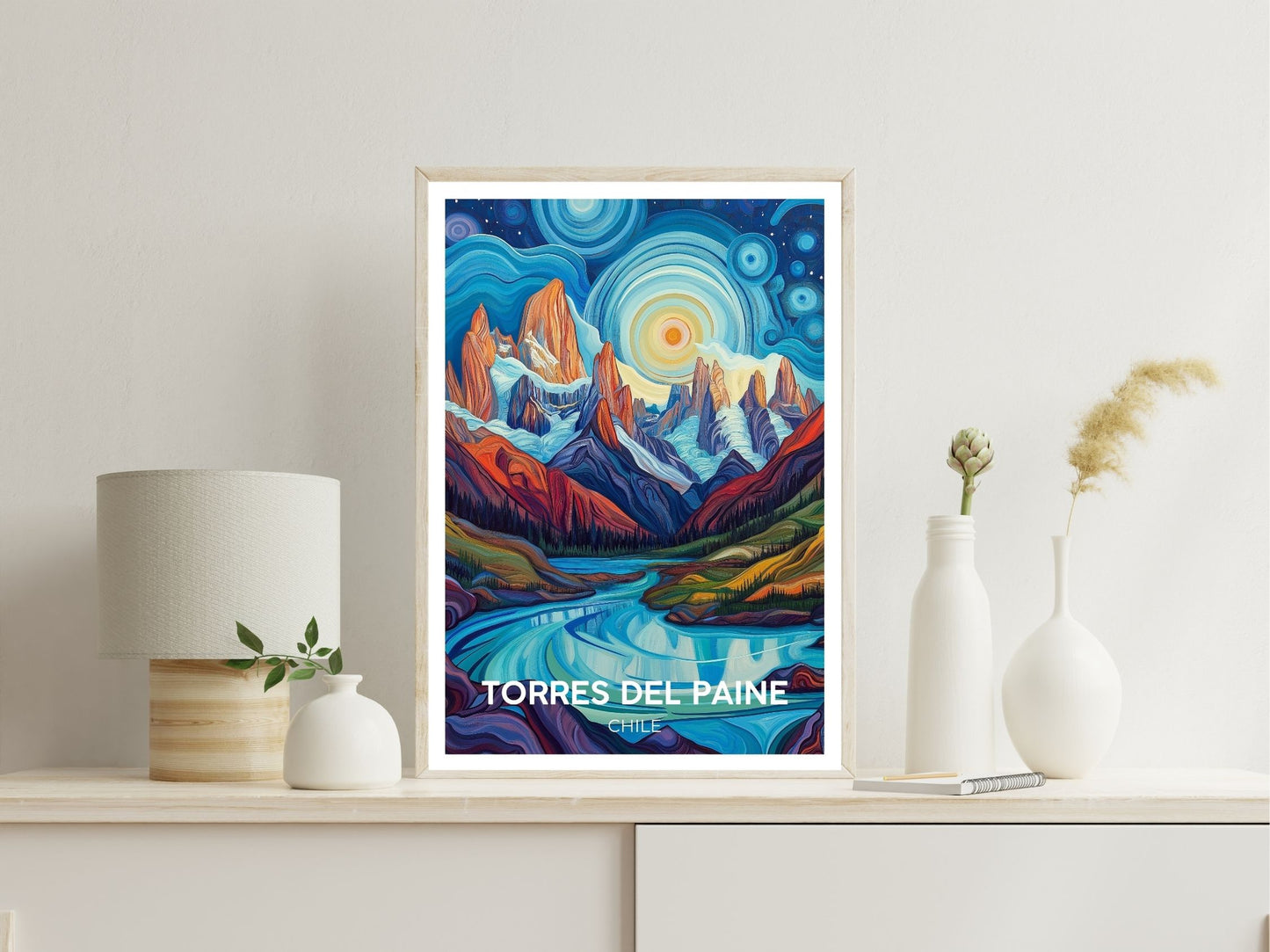 Torres Del Paine Chile wall art print displayed in bedroom – Atlas Prints