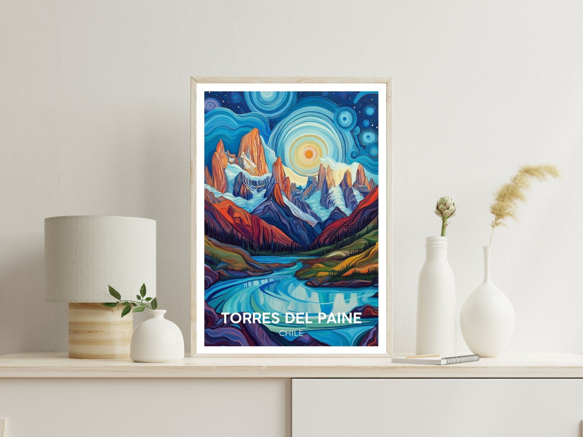 Torres Del Paine Chile wall art print displayed in bedroom – Atlas Prints