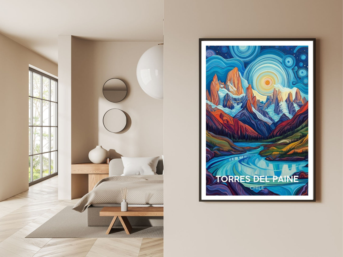 Gallery wall display of Torres Del Paine Chile travel poster – Atlas Prints