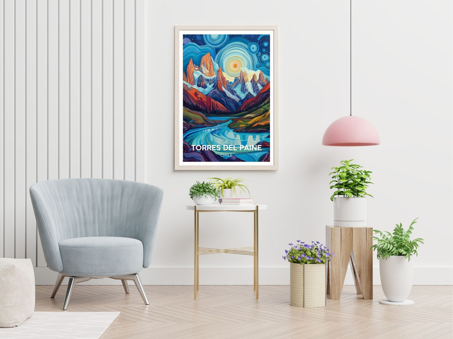Torres Del Paine Chile travel print displayed in living room – Atlas Prints