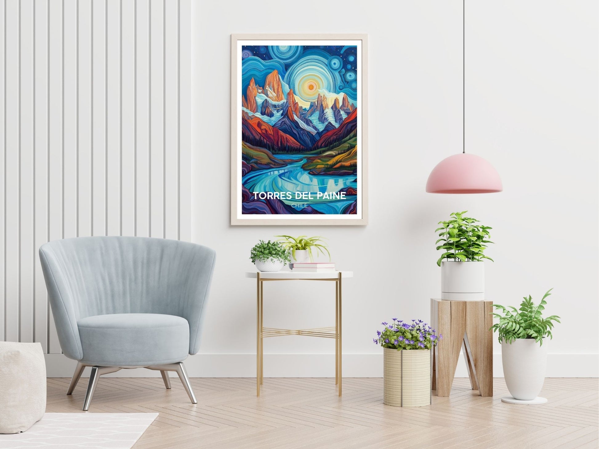 Torres Del Paine Chile travel print displayed in living room – Atlas Prints