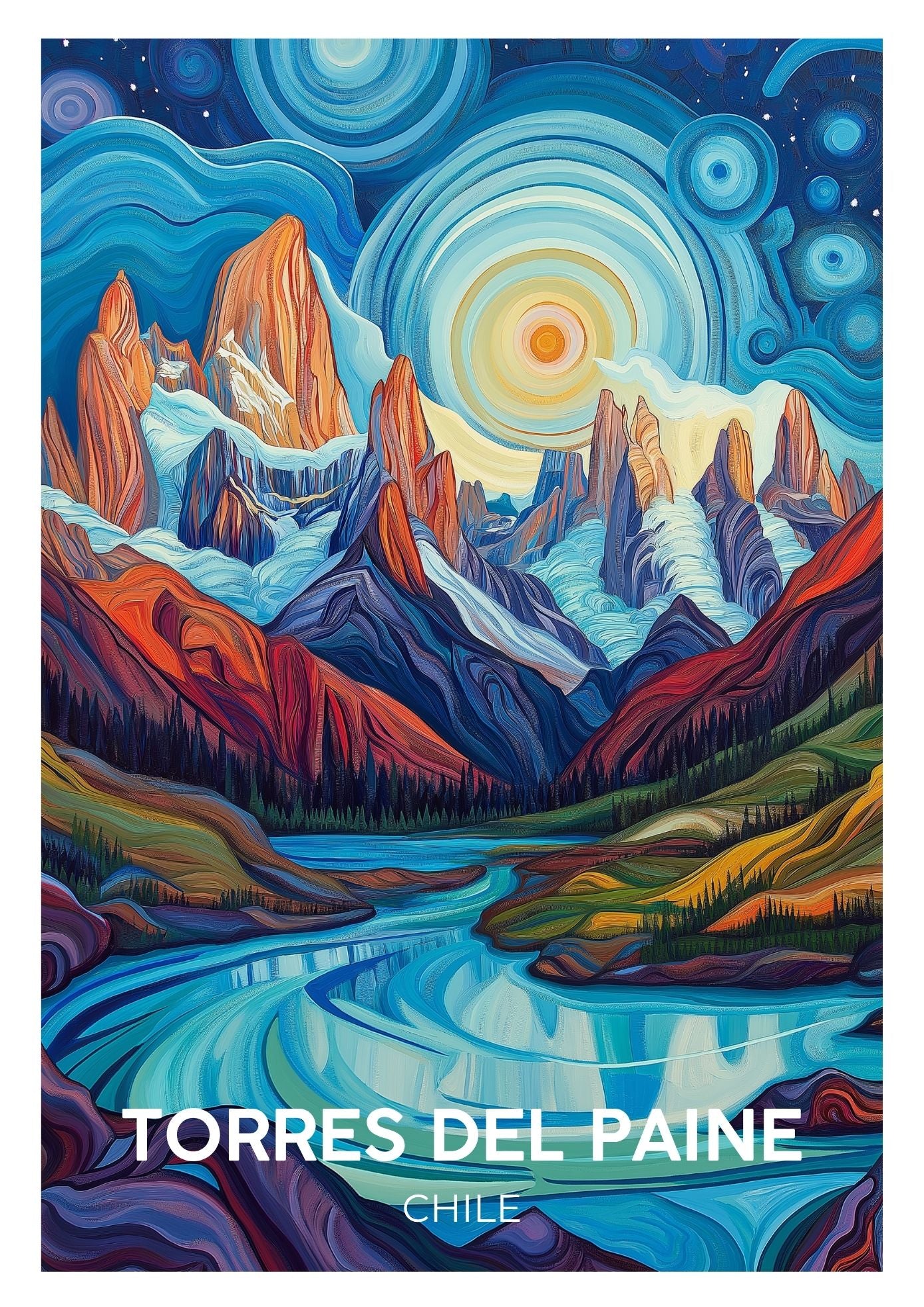 Vintage Torres Del Paine Chile travel poster wall art print – Atlas Prints