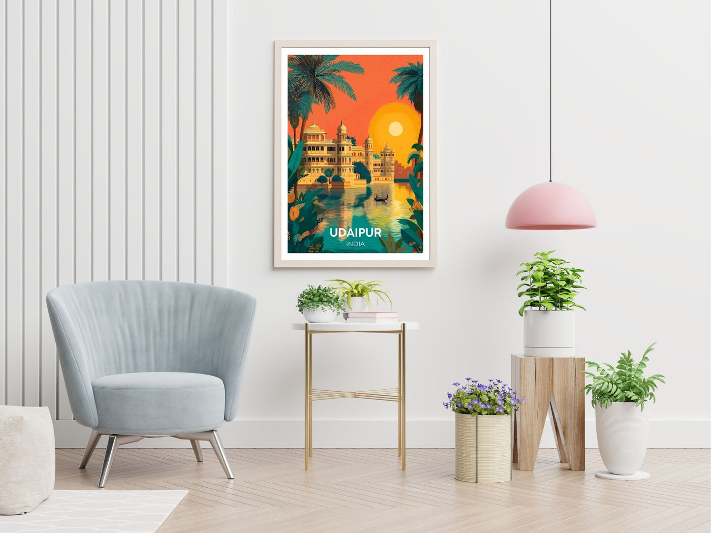 Udaipur India travel print displayed in living room – Atlas Prints