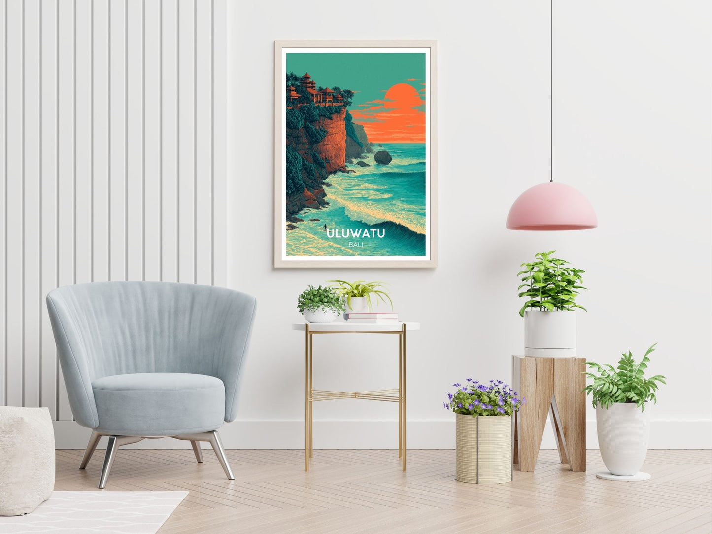 Uluwatu Bali travel print displayed in living room – Atlas Prints