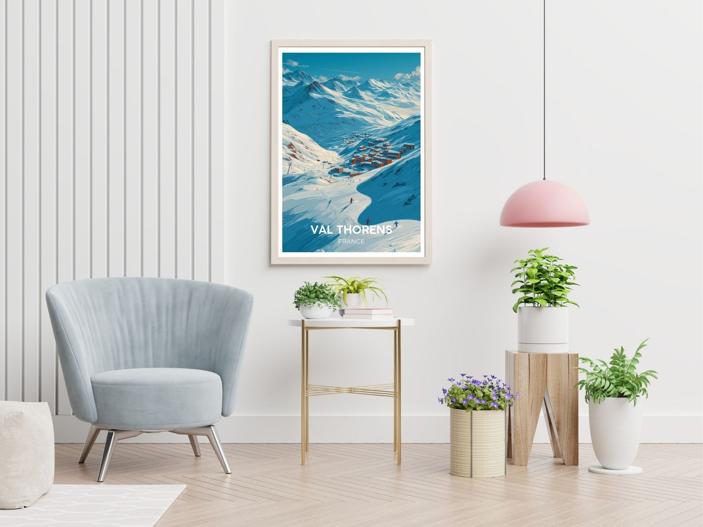 Val Thorens France travel print displayed in living room – Atlas Prints
