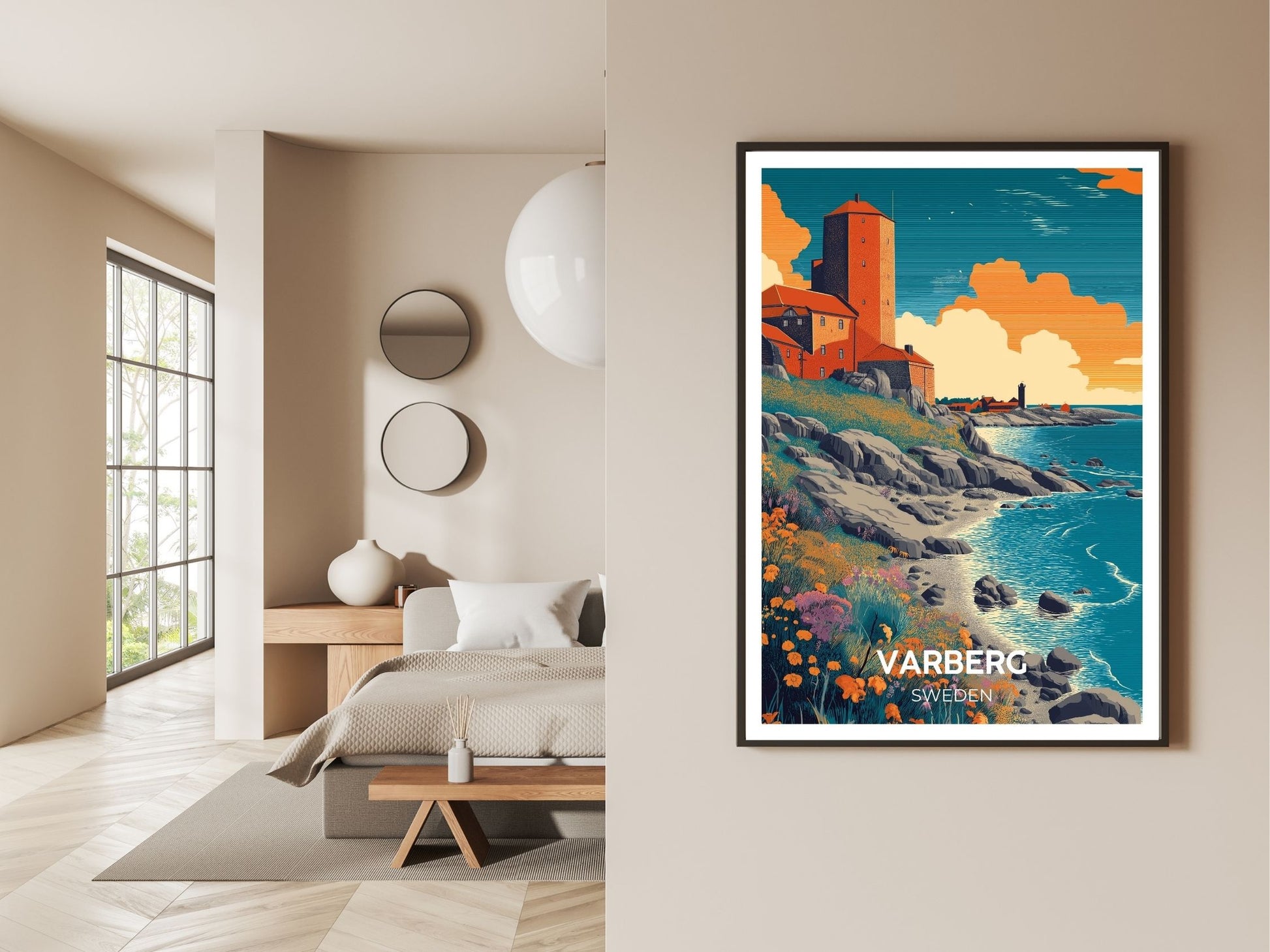 Gallery wall display of Varberg Sweden travel poster – Atlas Prints