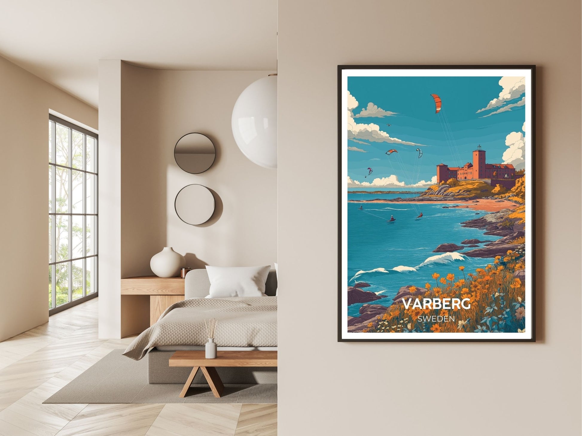 Gallery wall display of Varberg Sweden travel poster – Atlas Prints