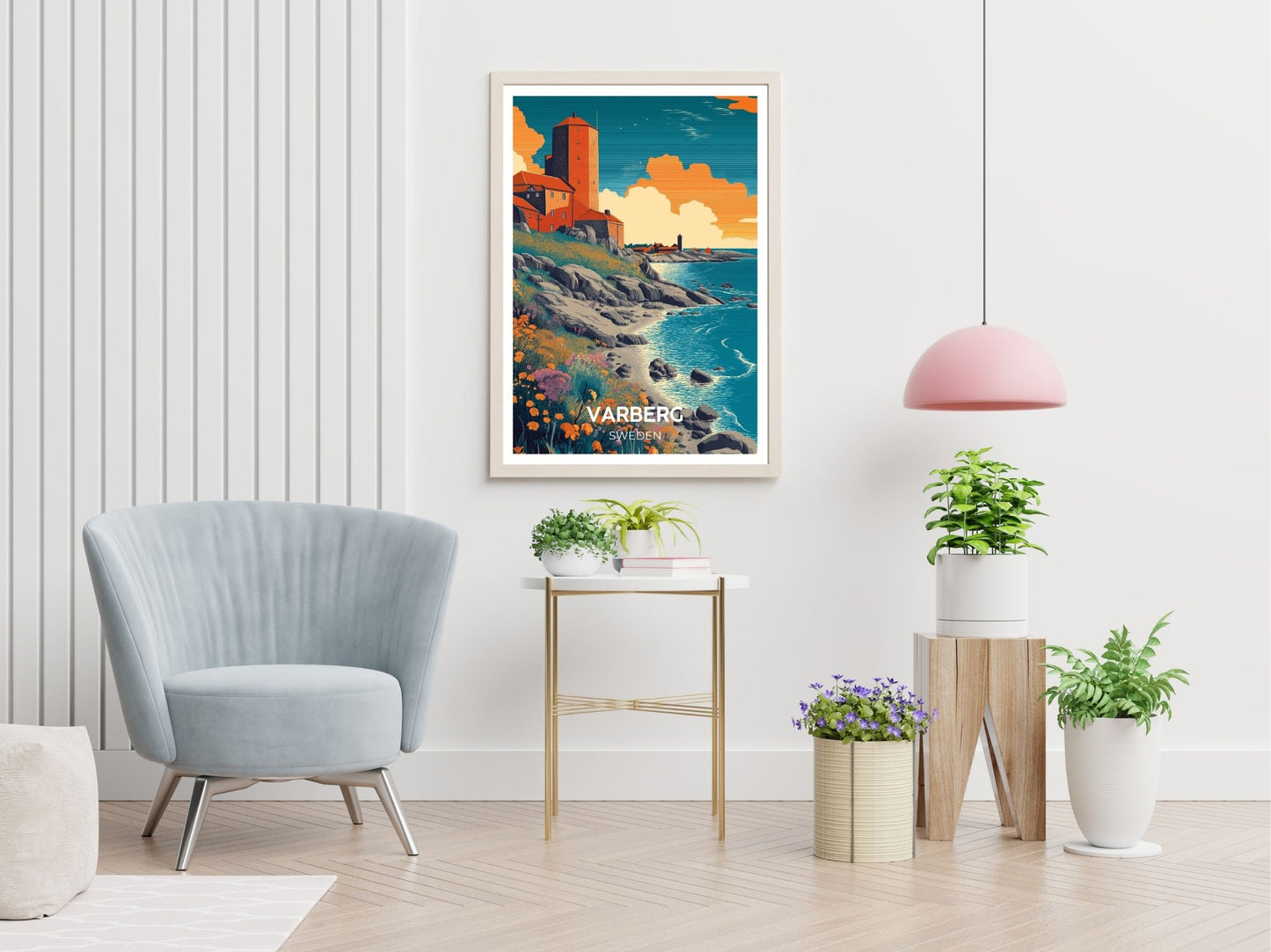 Varberg Sweden travel print displayed in living room – Atlas Prints