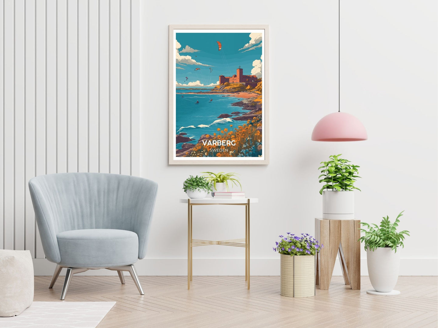 Varberg Sweden travel print displayed in living room – Atlas Prints