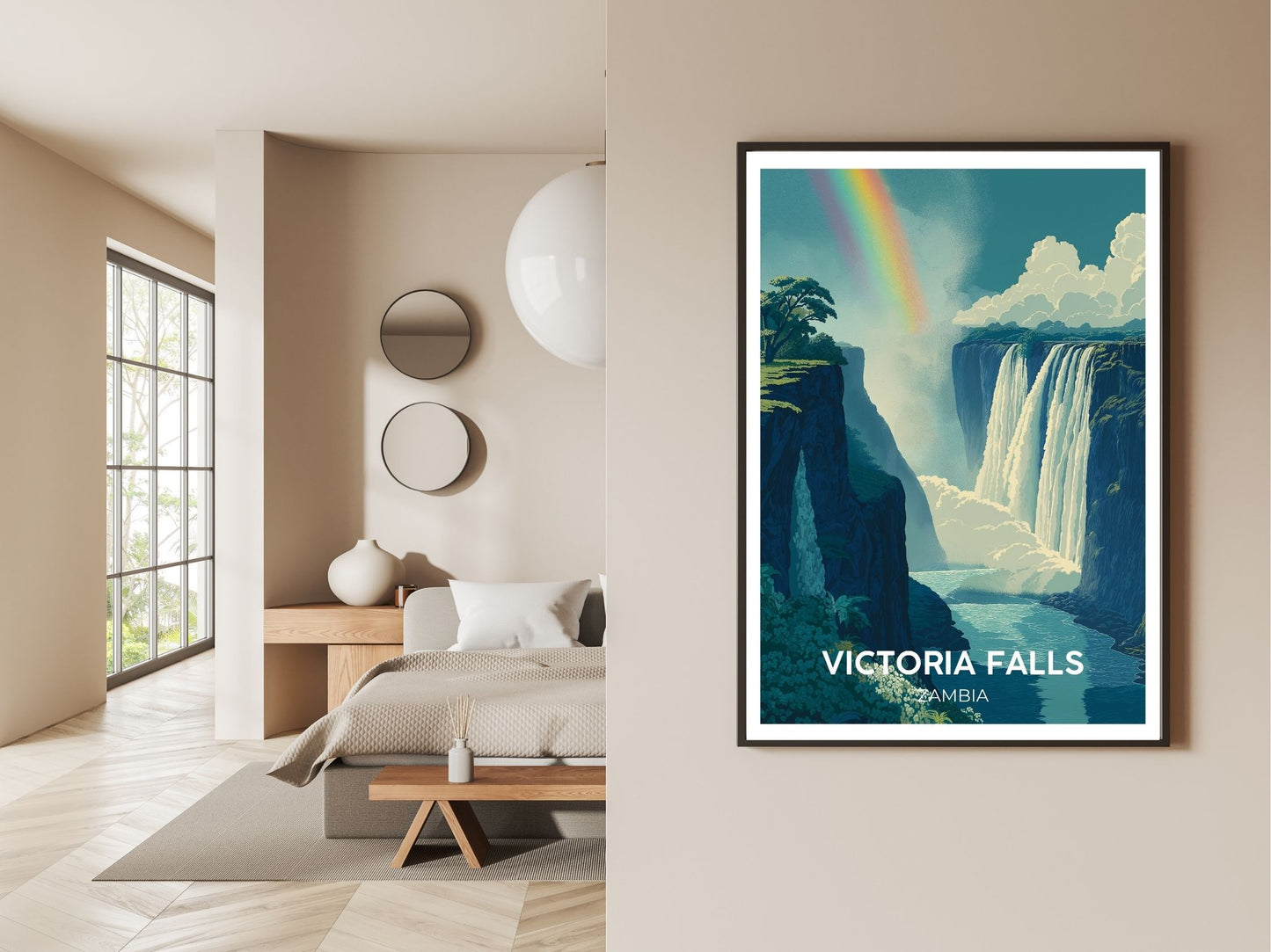 Gallery wall display of Victoria Falls Zambia travel poster – Atlas Prints