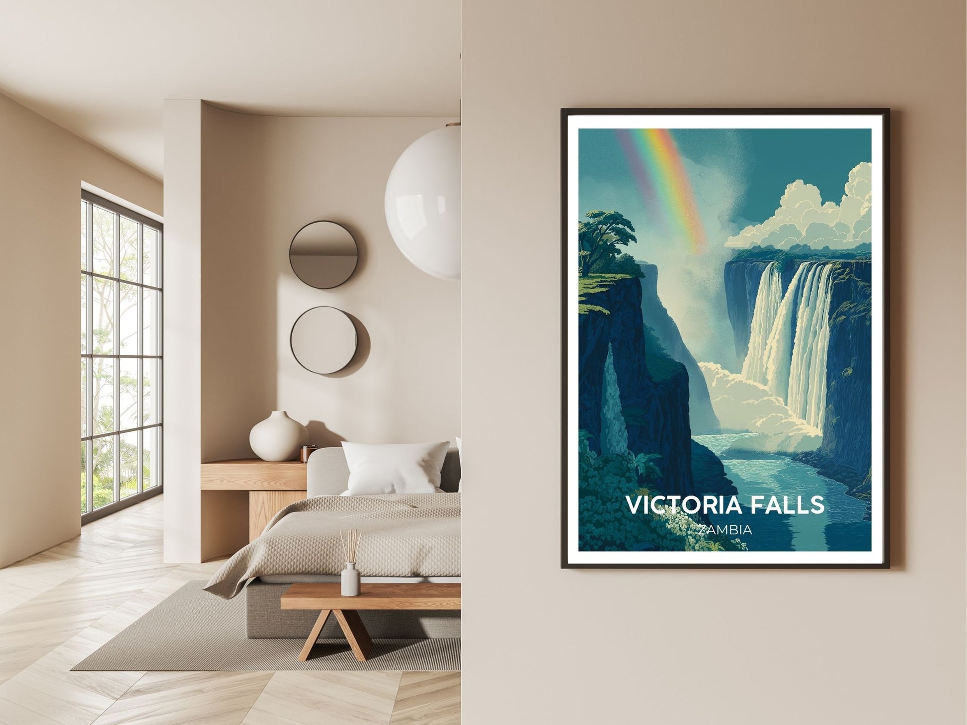 Gallery wall display of Victoria Falls Zambia travel poster – Atlas Prints