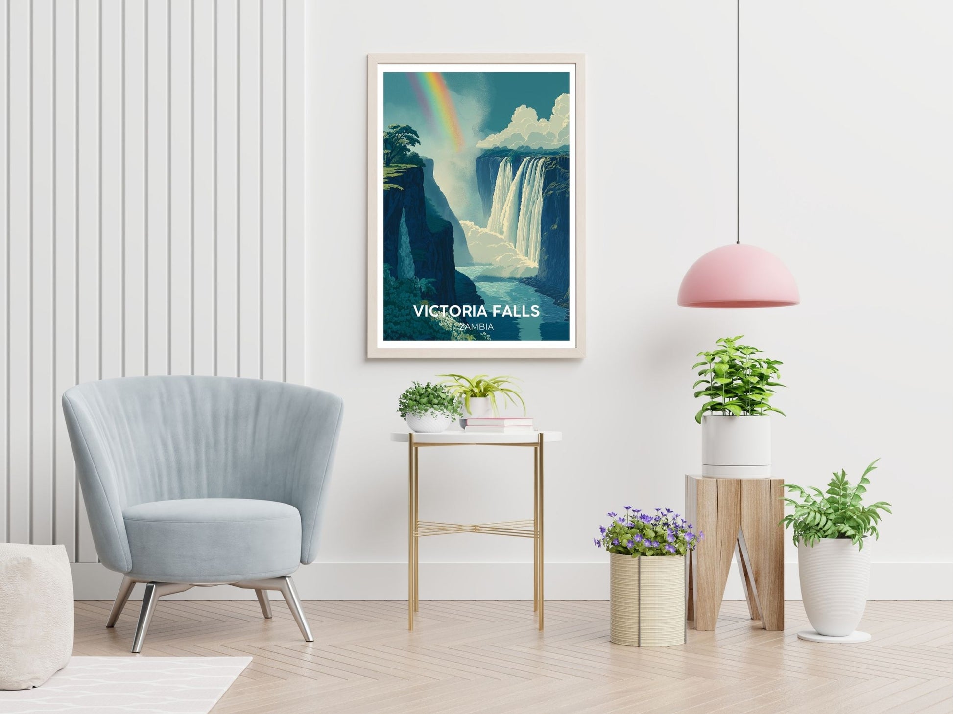 Victoria Falls Zambia travel print displayed in living room – Atlas Prints