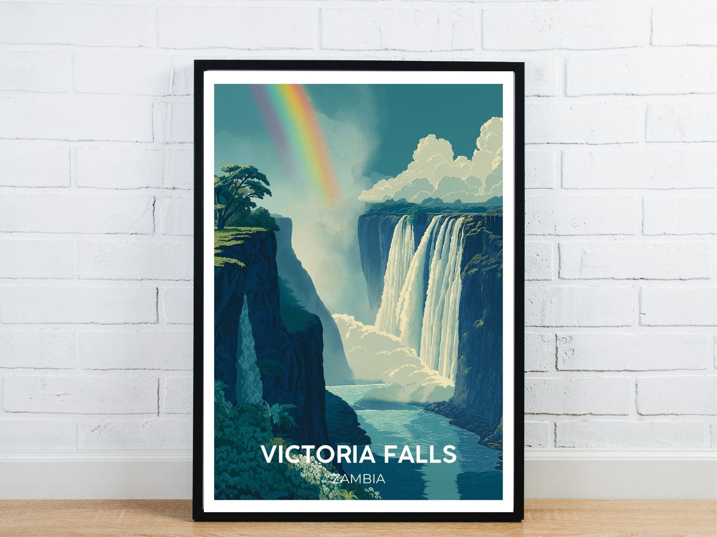 Minimal Victoria Falls Zambia travel art poster – Atlas Prints