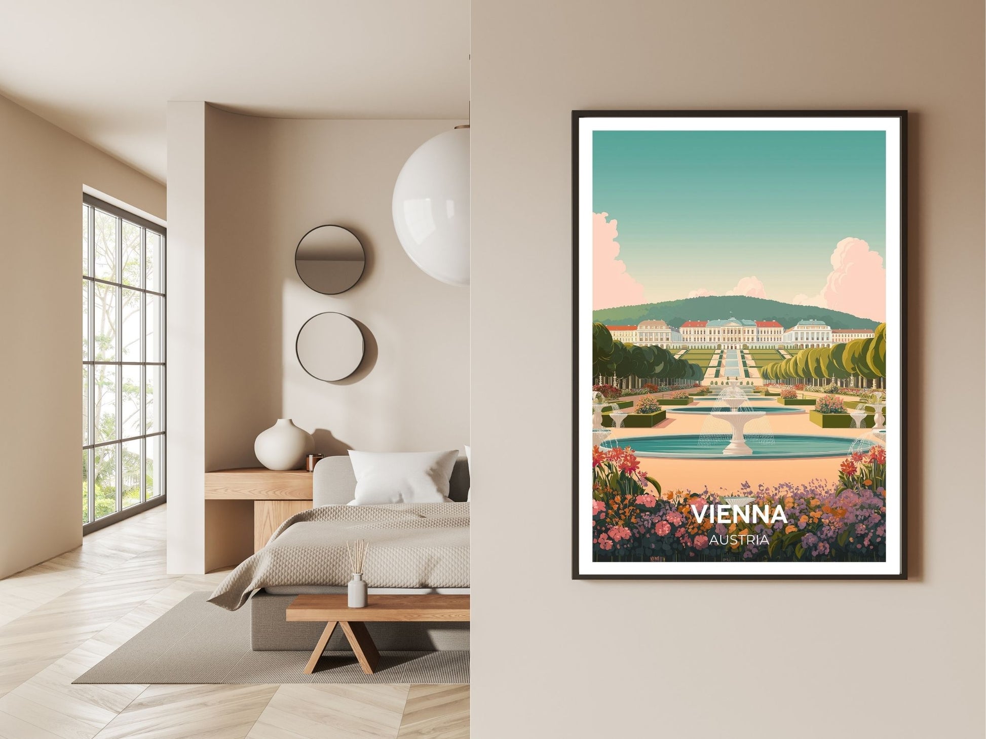 Gallery wall display of Vienna Austria travel poster – Atlas Prints
