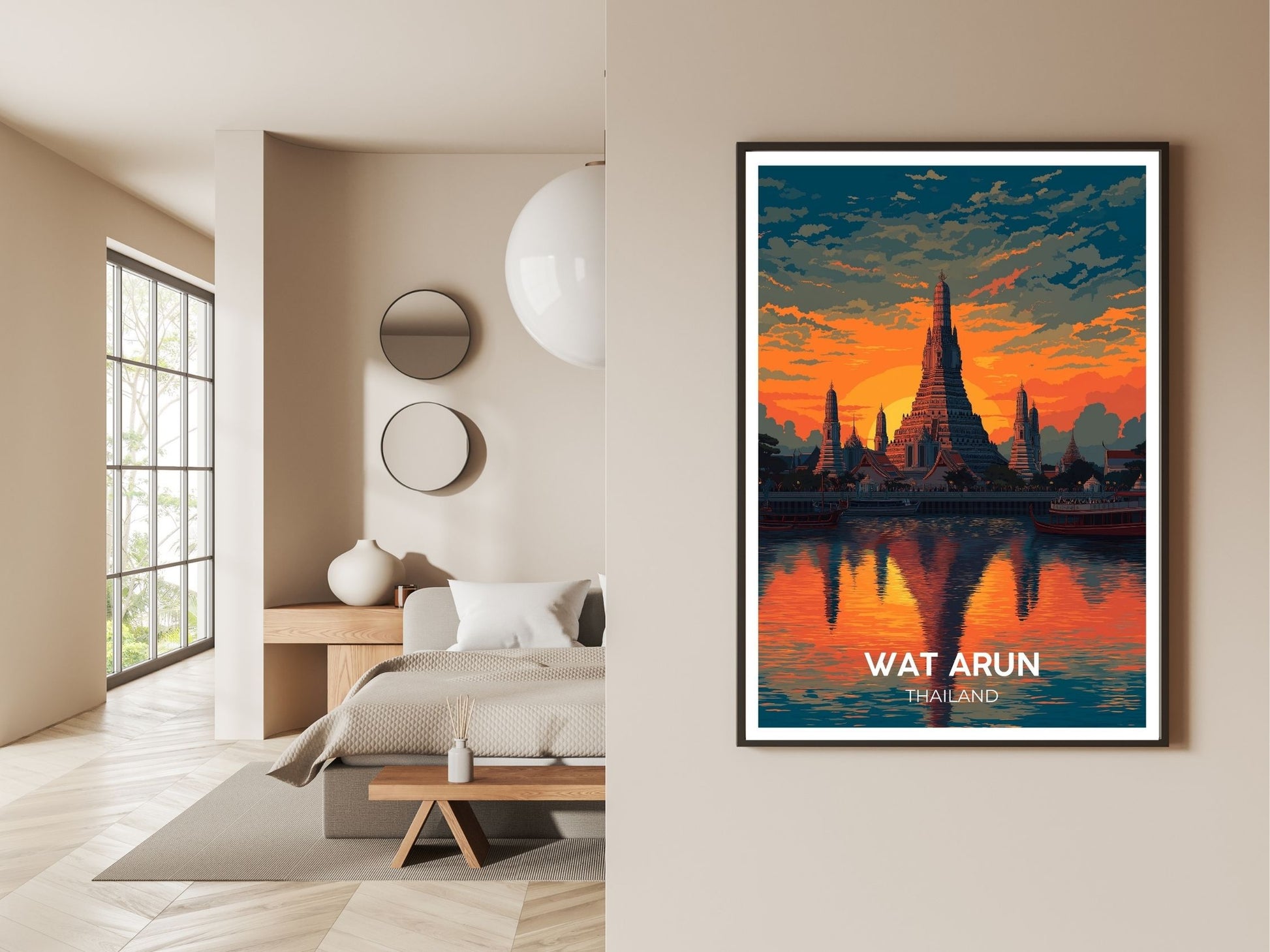 Gallery wall display of Wat Arun Thailand travel poster – Atlas Prints