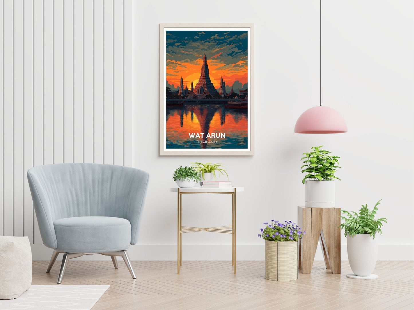 Wat Arun Thailand travel print displayed in living room – Atlas Prints