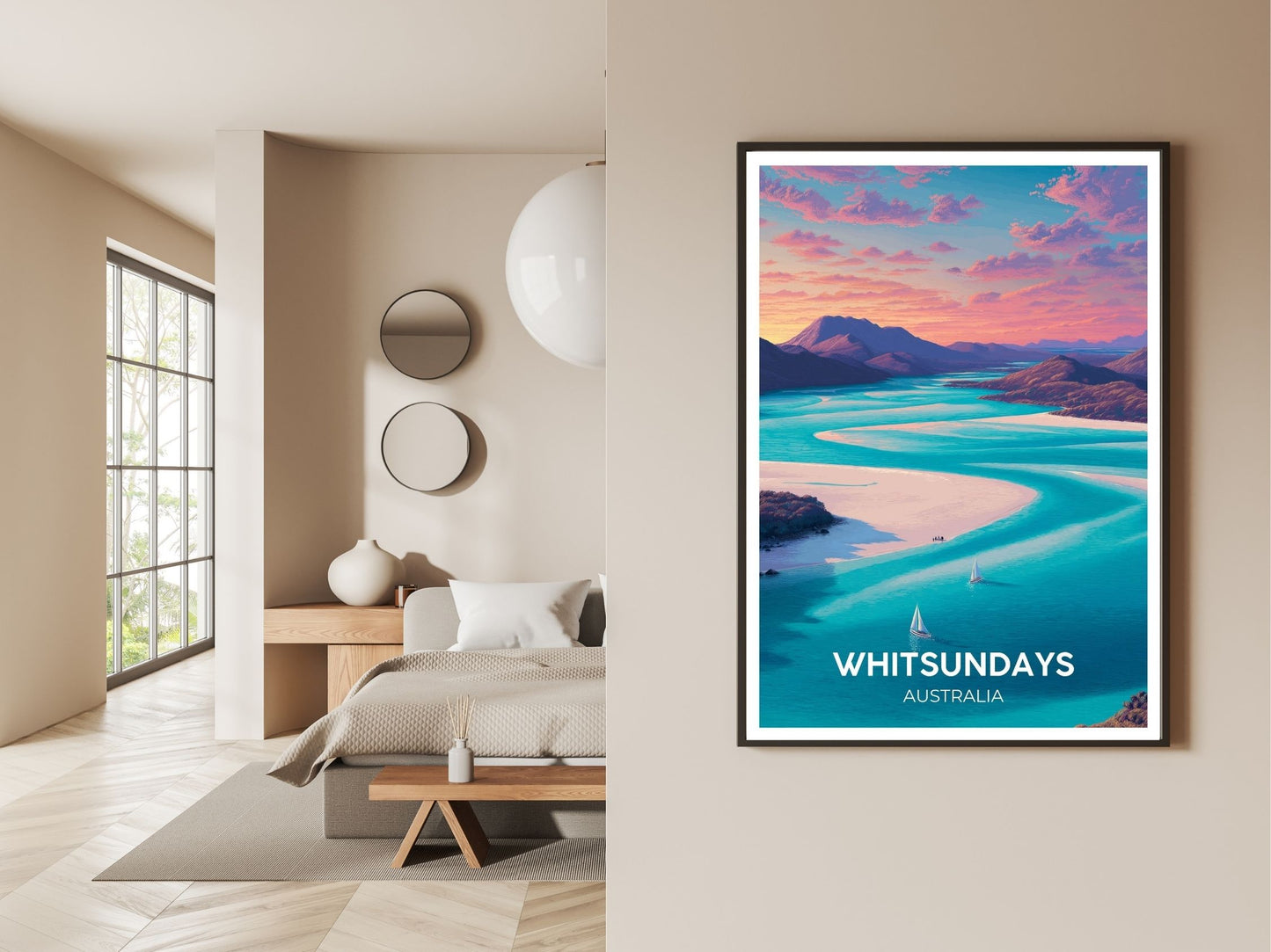 Gallery wall display of Whitsundays travel poster – Atlas Prints