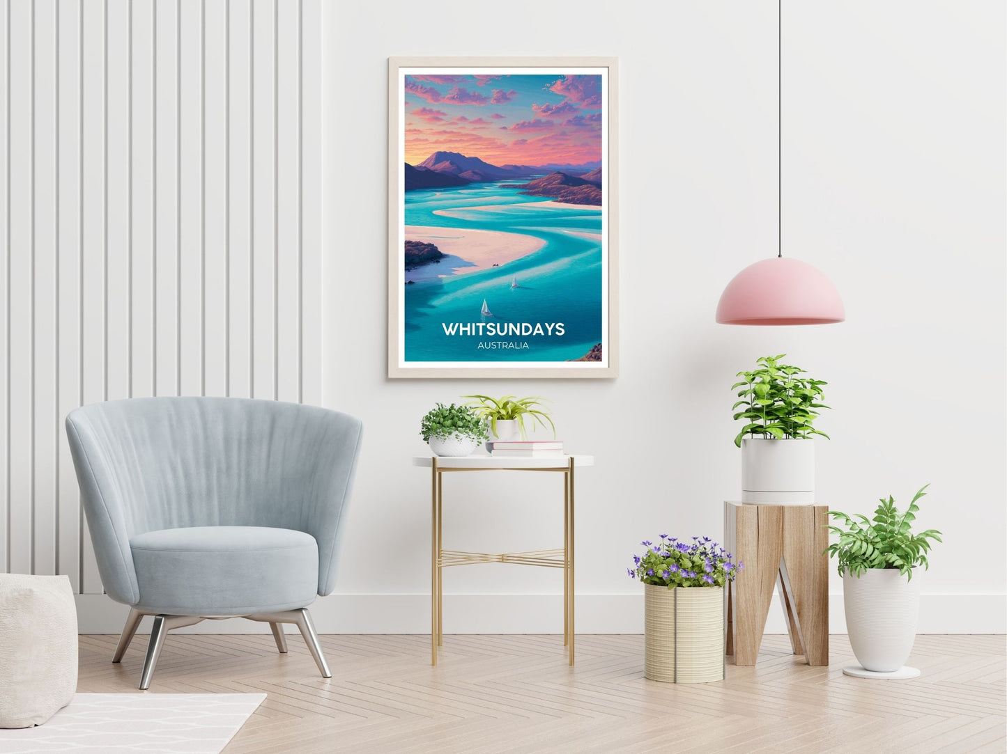 Whitsundays travel print displayed in living room – Atlas Prints