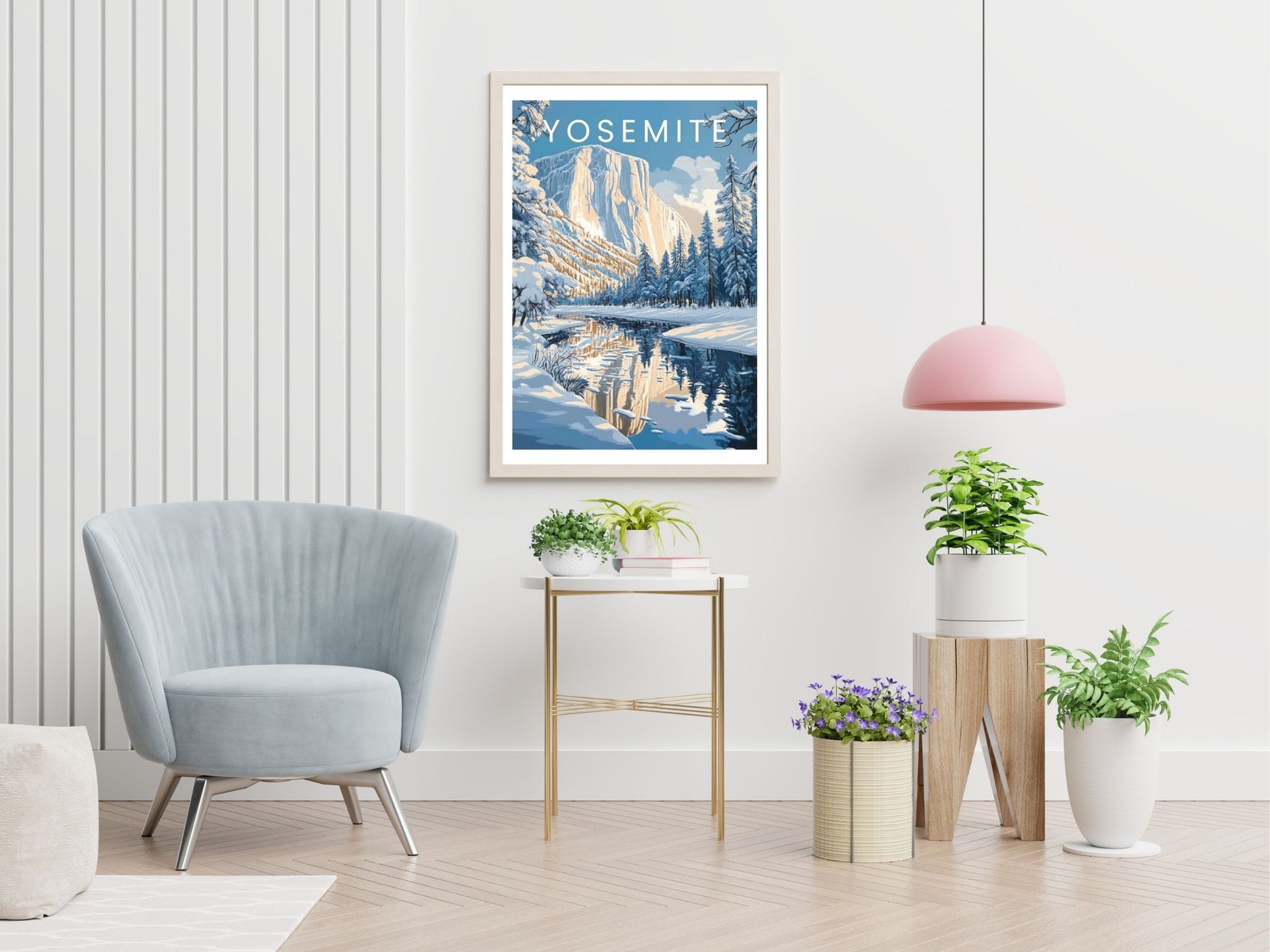 Yosemite National Park travel print displayed in living room – Atlas Prints