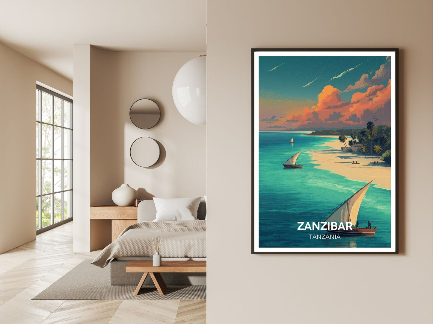 Zanzibar travel print displayed in living room – Atlas Prints