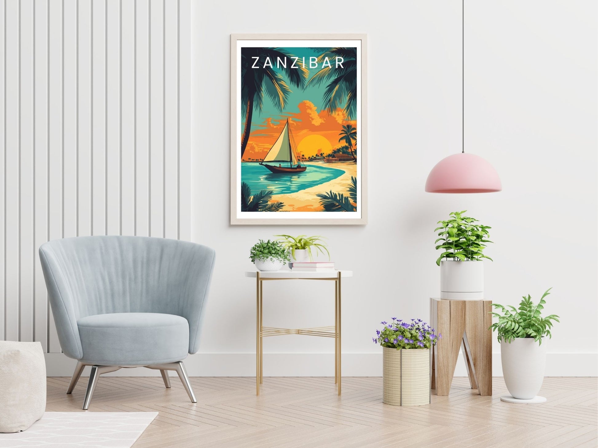 Zanzibar Tanzania travel print displayed in living room – Atlas Prints