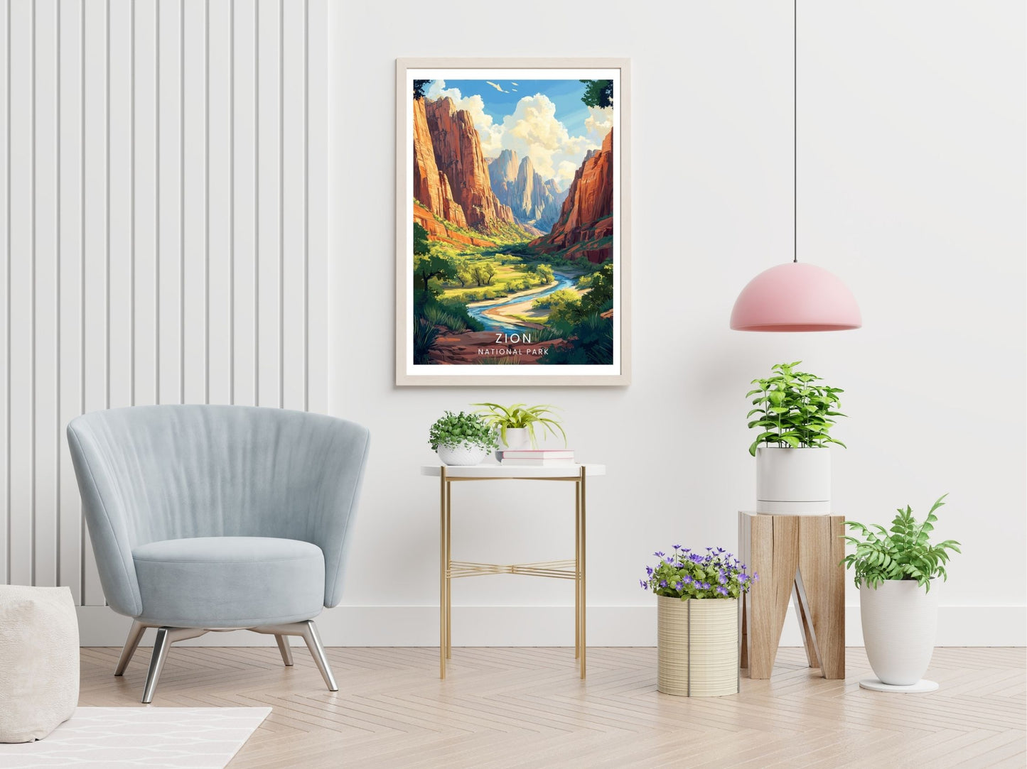 Zion National Park travel print displayed in living room – Atlas Prints