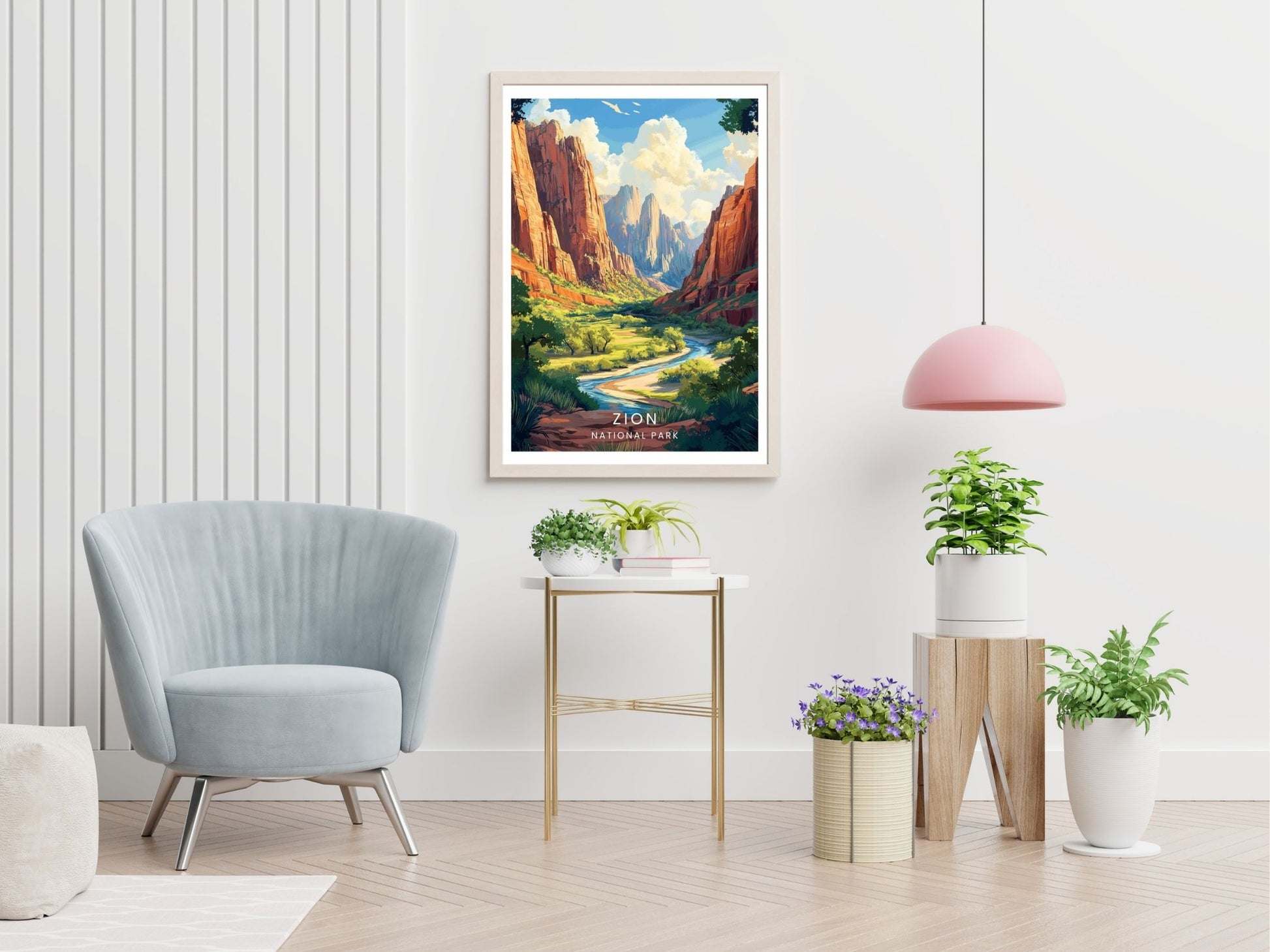 Zion National Park travel print displayed in living room – Atlas Prints